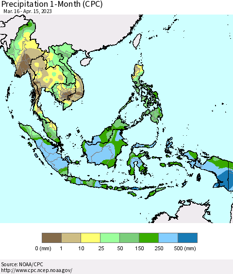 South East Asia Precipitation 1-Month (CPC) Thematic Map For 3/16/2023 - 4/15/2023
