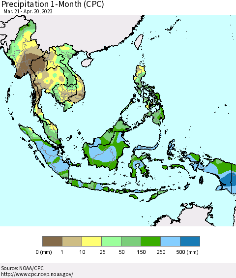 South East Asia Precipitation 1-Month (CPC) Thematic Map For 3/21/2023 - 4/20/2023