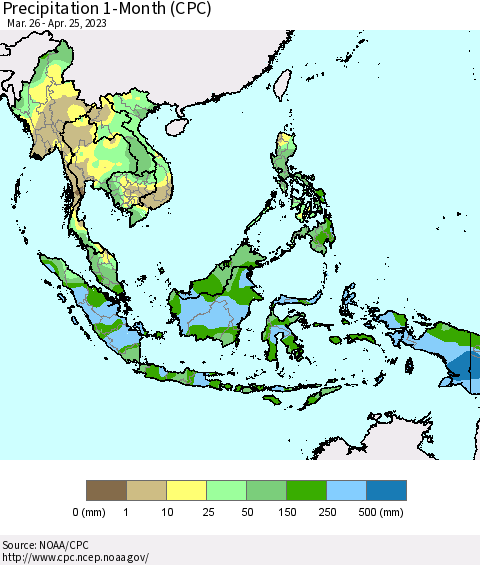 South East Asia Precipitation 1-Month (CPC) Thematic Map For 3/26/2023 - 4/25/2023