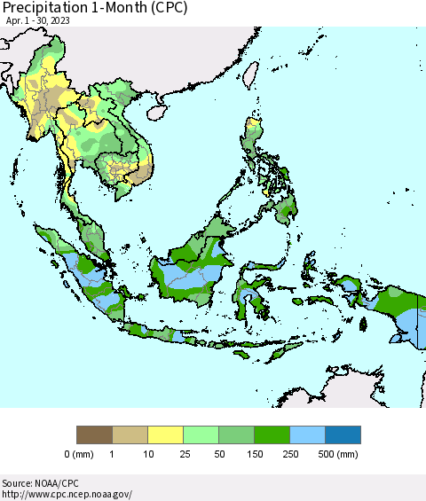 South East Asia Precipitation 1-Month (CPC) Thematic Map For 4/1/2023 - 4/30/2023