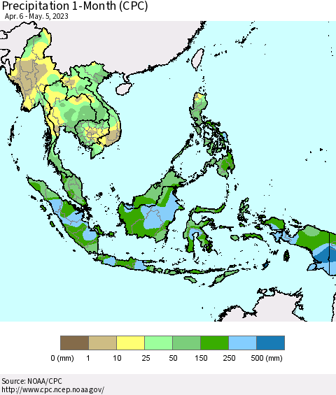 South East Asia Precipitation 1-Month (CPC) Thematic Map For 4/6/2023 - 5/5/2023