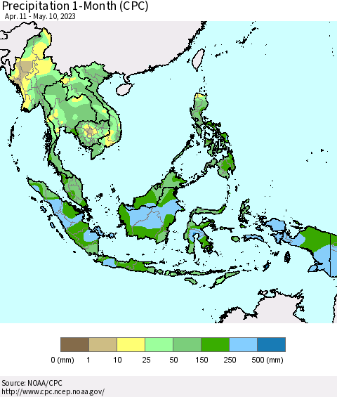 South East Asia Precipitation 1-Month (CPC) Thematic Map For 4/11/2023 - 5/10/2023