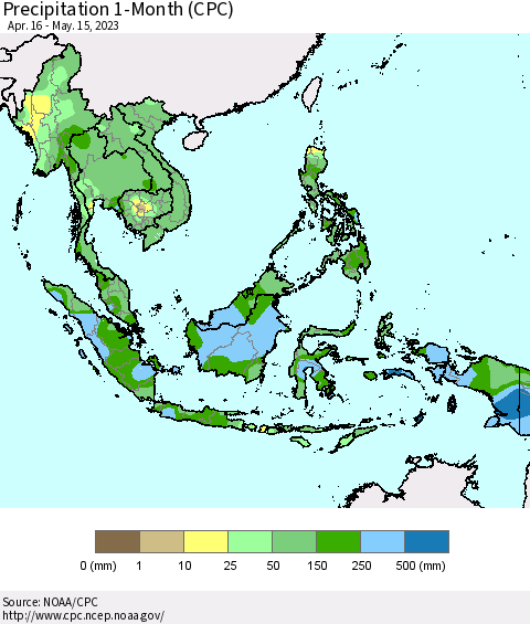 South East Asia Precipitation 1-Month (CPC) Thematic Map For 4/16/2023 - 5/15/2023