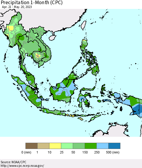 South East Asia Precipitation 1-Month (CPC) Thematic Map For 4/21/2023 - 5/20/2023