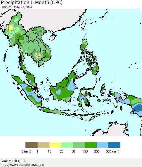 South East Asia Precipitation 1-Month (CPC) Thematic Map For 4/26/2023 - 5/25/2023