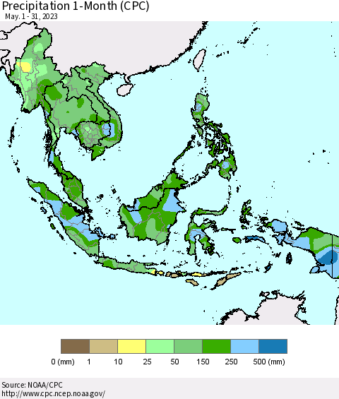 South East Asia Precipitation 1-Month (CPC) Thematic Map For 5/1/2023 - 5/31/2023