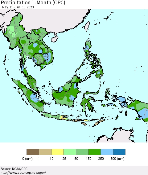 South East Asia Precipitation 1-Month (CPC) Thematic Map For 5/11/2023 - 6/10/2023