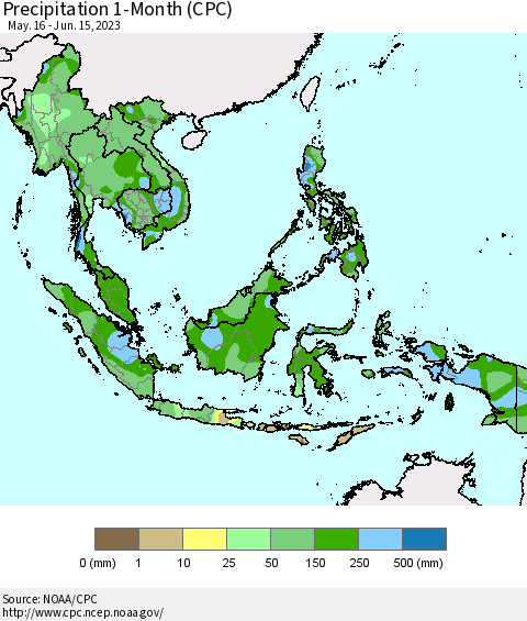 South East Asia Precipitation 1-Month (CPC) Thematic Map For 5/16/2023 - 6/15/2023