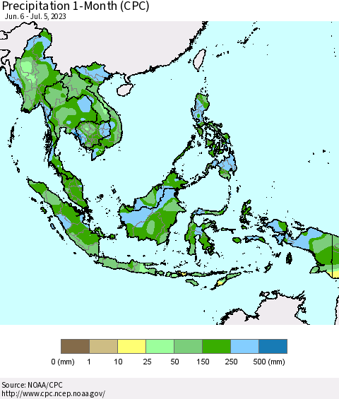 South East Asia Precipitation 1-Month (CPC) Thematic Map For 6/6/2023 - 7/5/2023