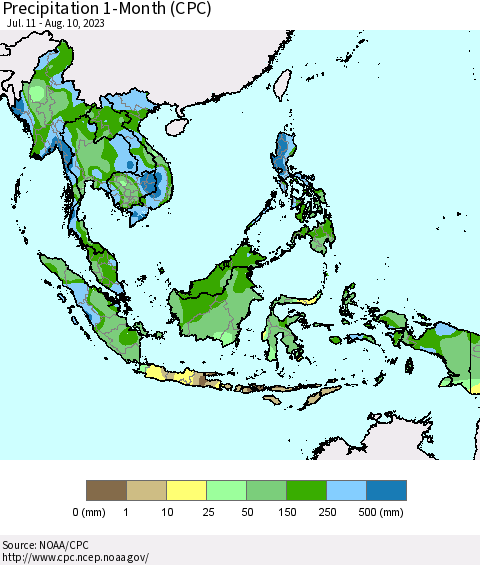 South East Asia Precipitation 1-Month (CPC) Thematic Map For 7/11/2023 - 8/10/2023
