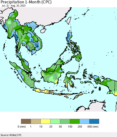 South East Asia Precipitation 1-Month (CPC) Thematic Map For 7/21/2023 - 8/20/2023