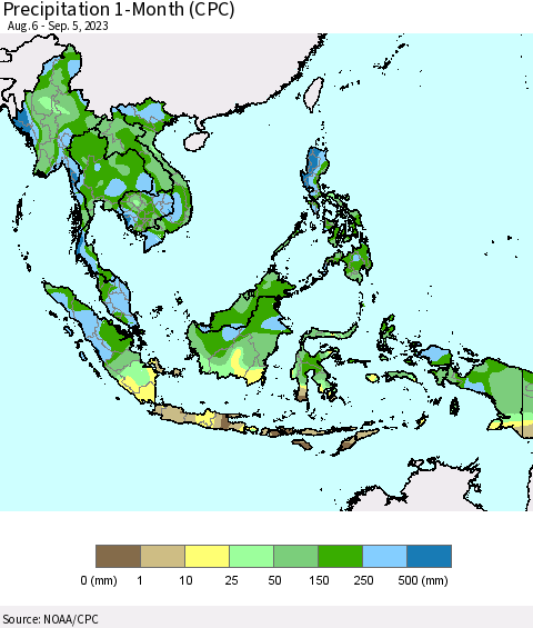 South East Asia Precipitation 1-Month (CPC) Thematic Map For 8/6/2023 - 9/5/2023