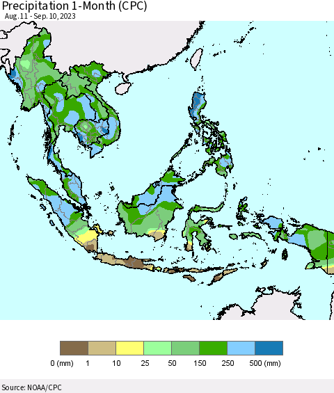 South East Asia Precipitation 1-Month (CPC) Thematic Map For 8/11/2023 - 9/10/2023