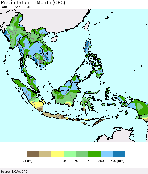 South East Asia Precipitation 1-Month (CPC) Thematic Map For 8/16/2023 - 9/15/2023