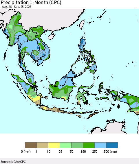 South East Asia Precipitation 1-Month (CPC) Thematic Map For 8/26/2023 - 9/25/2023