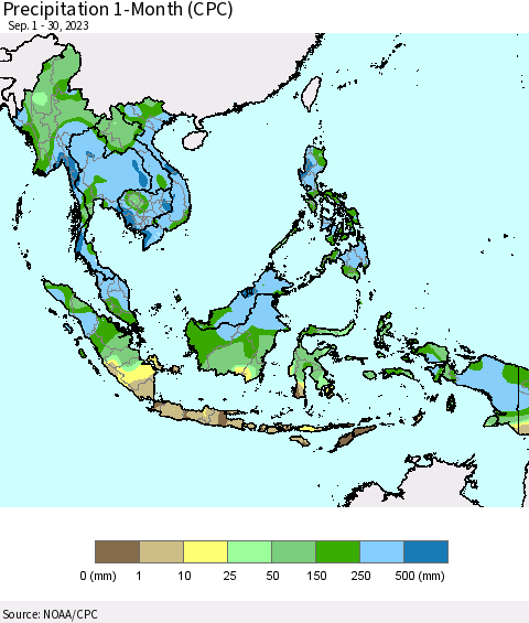 South East Asia Precipitation 1-Month (CPC) Thematic Map For 9/1/2023 - 9/30/2023
