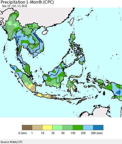 South East Asia Precipitation 1-Month (CPC) Thematic Map For 9/16/2023 - 10/15/2023