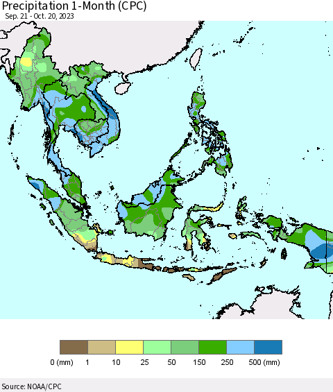 South East Asia Precipitation 1-Month (CPC) Thematic Map For 9/21/2023 - 10/20/2023