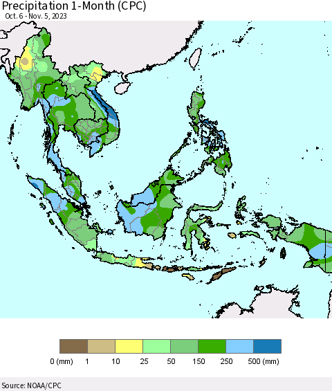 South East Asia Precipitation 1-Month (CPC) Thematic Map For 10/6/2023 - 11/5/2023