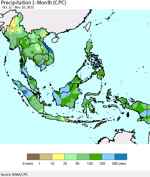 South East Asia Precipitation 1-Month (CPC) Thematic Map For 10/11/2023 - 11/10/2023