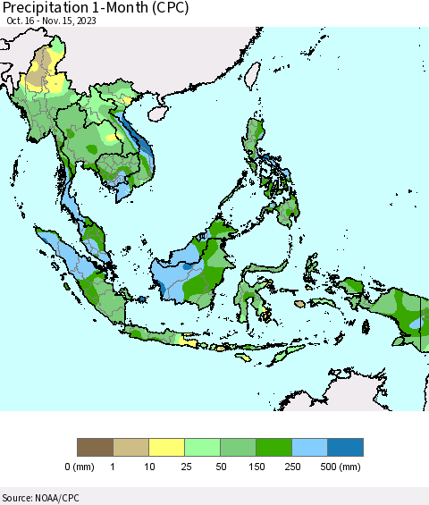 South East Asia Precipitation 1-Month (CPC) Thematic Map For 10/16/2023 - 11/15/2023