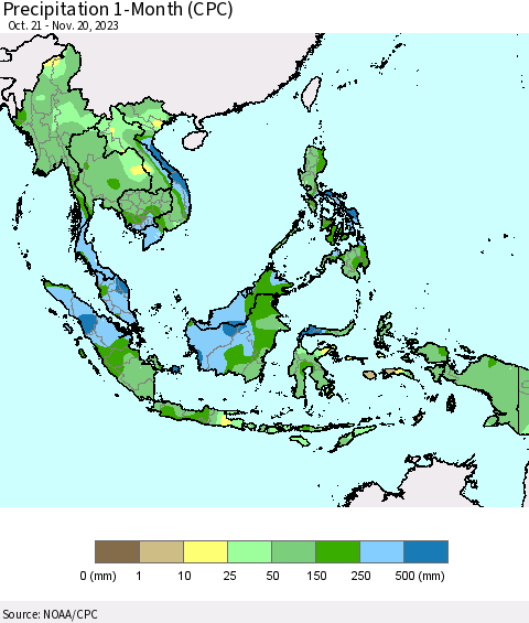 South East Asia Precipitation 1-Month (CPC) Thematic Map For 10/21/2023 - 11/20/2023