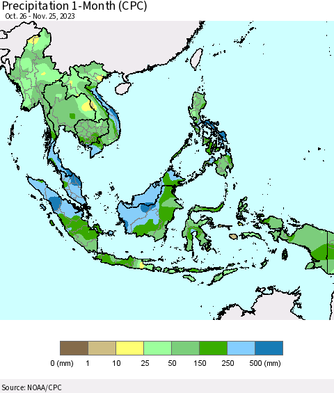 South East Asia Precipitation 1-Month (CPC) Thematic Map For 10/26/2023 - 11/25/2023