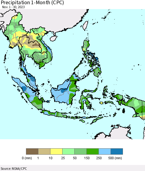 South East Asia Precipitation 1-Month (CPC) Thematic Map For 11/1/2023 - 11/30/2023