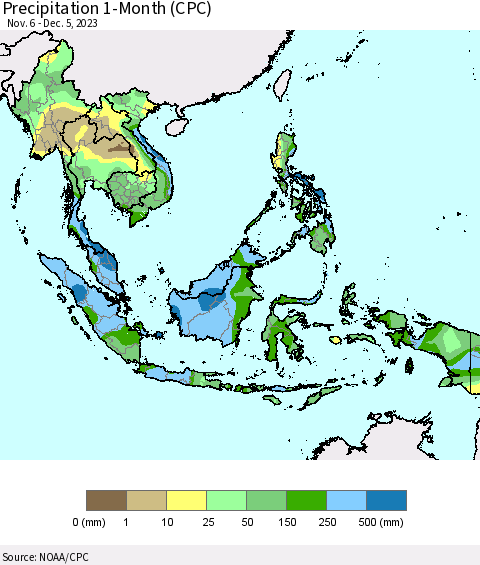 South East Asia Precipitation 1-Month (CPC) Thematic Map For 11/6/2023 - 12/5/2023