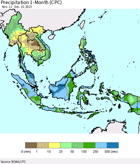 South East Asia Precipitation 1-Month (CPC) Thematic Map For 11/11/2023 - 12/10/2023
