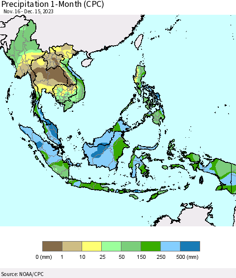 South East Asia Precipitation 1-Month (CPC) Thematic Map For 11/16/2023 - 12/15/2023
