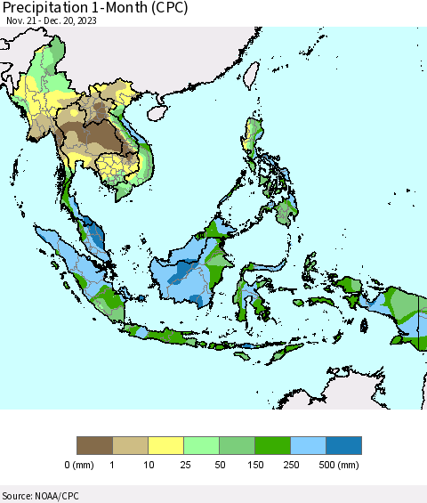 South East Asia Precipitation 1-Month (CPC) Thematic Map For 11/21/2023 - 12/20/2023