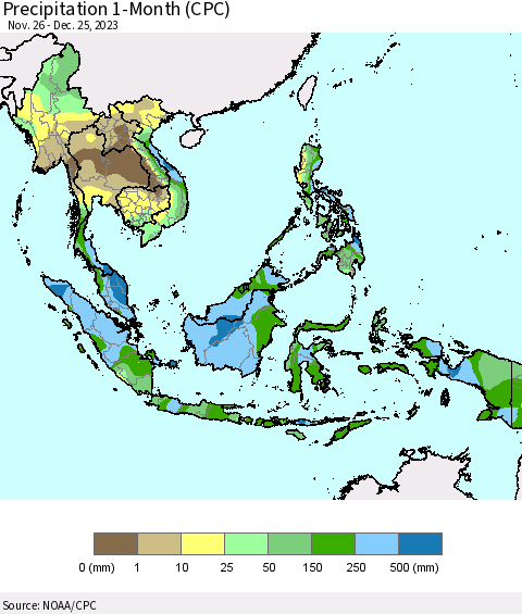 South East Asia Precipitation 1-Month (CPC) Thematic Map For 11/26/2023 - 12/25/2023