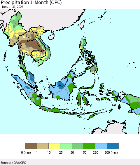 South East Asia Precipitation 1-Month (CPC) Thematic Map For 12/1/2023 - 12/31/2023