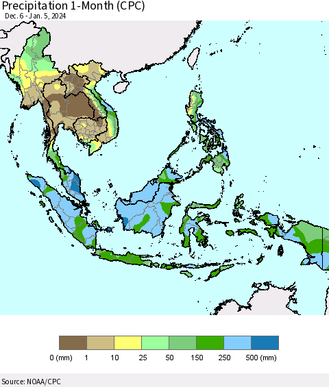South East Asia Precipitation 1-Month (CPC) Thematic Map For 12/6/2023 - 1/5/2024