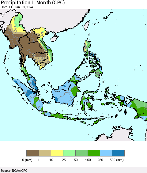 South East Asia Precipitation 1-Month (CPC) Thematic Map For 12/11/2023 - 1/10/2024