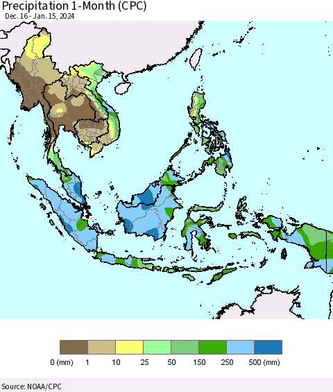 South East Asia Precipitation 1-Month (CPC) Thematic Map For 12/16/2023 - 1/15/2024