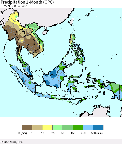 South East Asia Precipitation 1-Month (CPC) Thematic Map For 12/21/2023 - 1/20/2024