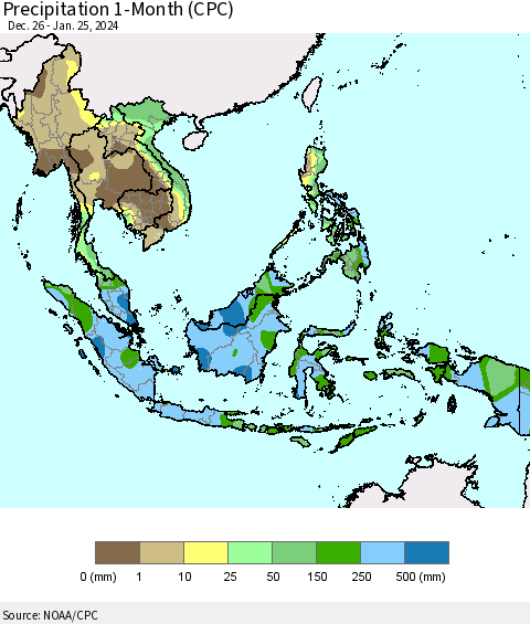 South East Asia Precipitation 1-Month (CPC) Thematic Map For 12/26/2023 - 1/25/2024