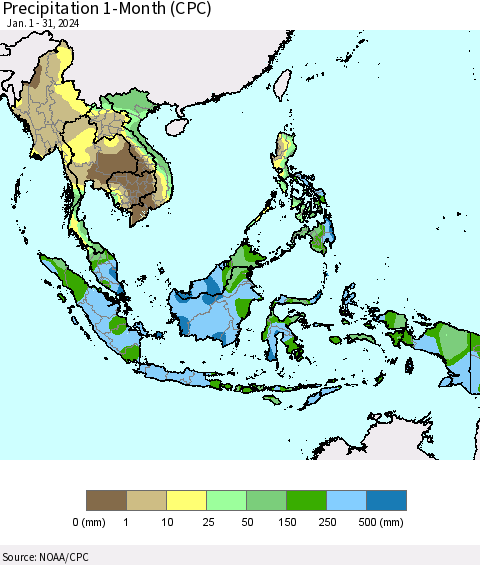 South East Asia Precipitation 1-Month (CPC) Thematic Map For 1/1/2024 - 1/31/2024