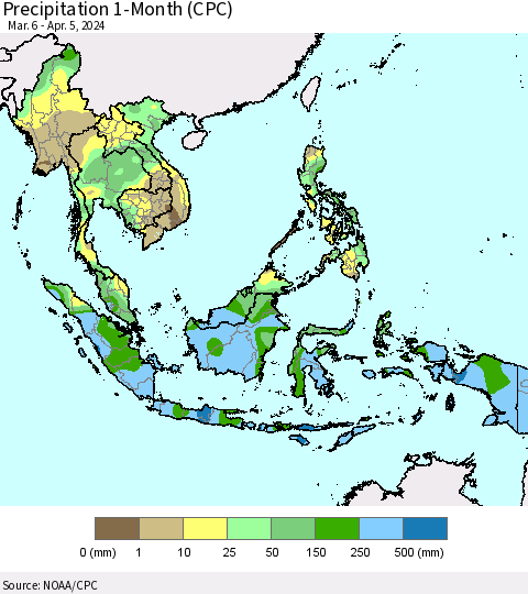 South East Asia Precipitation 1-Month (CPC) Thematic Map For 3/6/2024 - 4/5/2024