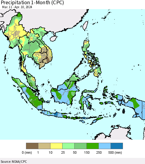 South East Asia Precipitation 1-Month (CPC) Thematic Map For 3/11/2024 - 4/10/2024