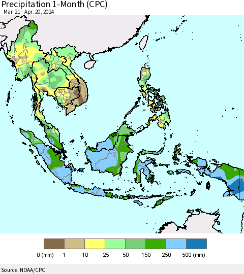 South East Asia Precipitation 1-Month (CPC) Thematic Map For 3/21/2024 - 4/20/2024