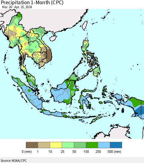 South East Asia Precipitation 1-Month (CPC) Thematic Map For 3/26/2024 - 4/25/2024