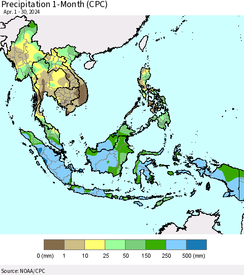 South East Asia Precipitation 1-Month (CPC) Thematic Map For 4/1/2024 - 4/30/2024