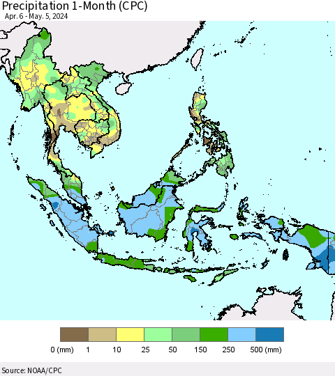 South East Asia Precipitation 1-Month (CPC) Thematic Map For 4/6/2024 - 5/5/2024