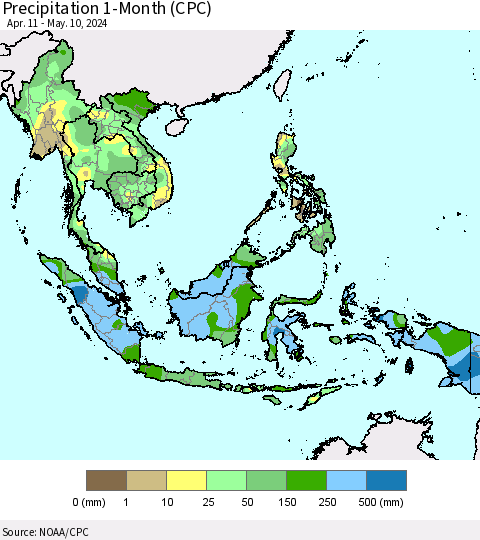 South East Asia Precipitation 1-Month (CPC) Thematic Map For 4/11/2024 - 5/10/2024