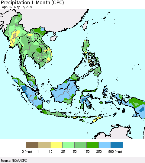 South East Asia Precipitation 1-Month (CPC) Thematic Map For 4/16/2024 - 5/15/2024