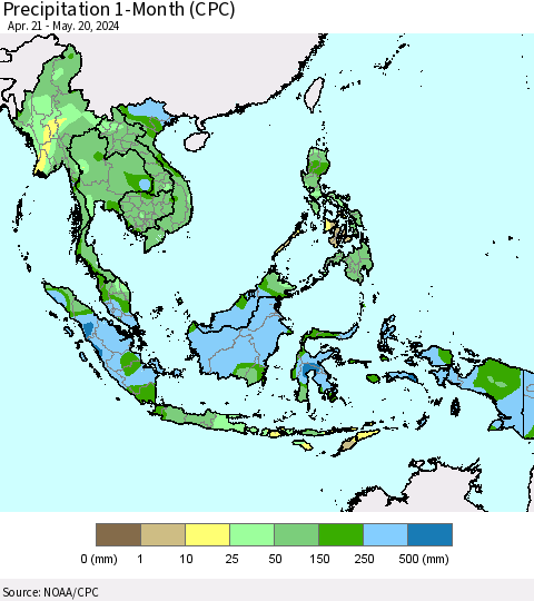 South East Asia Precipitation 1-Month (CPC) Thematic Map For 4/21/2024 - 5/20/2024