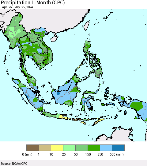 South East Asia Precipitation 1-Month (CPC) Thematic Map For 4/26/2024 - 5/25/2024